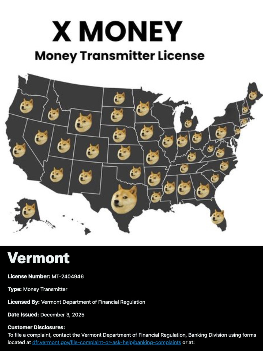 BREAKING: 𝕏 Money just received one more Money Transmitter License from state of Vermont. 

As of today, @Xmoney has obtained Money Transmitter Licenses in 43 States/and 1 district.  

States with approval:   1. Alabama 2. Alaska 3. Arizona 4. Arkansas 5. California 6. Colorado