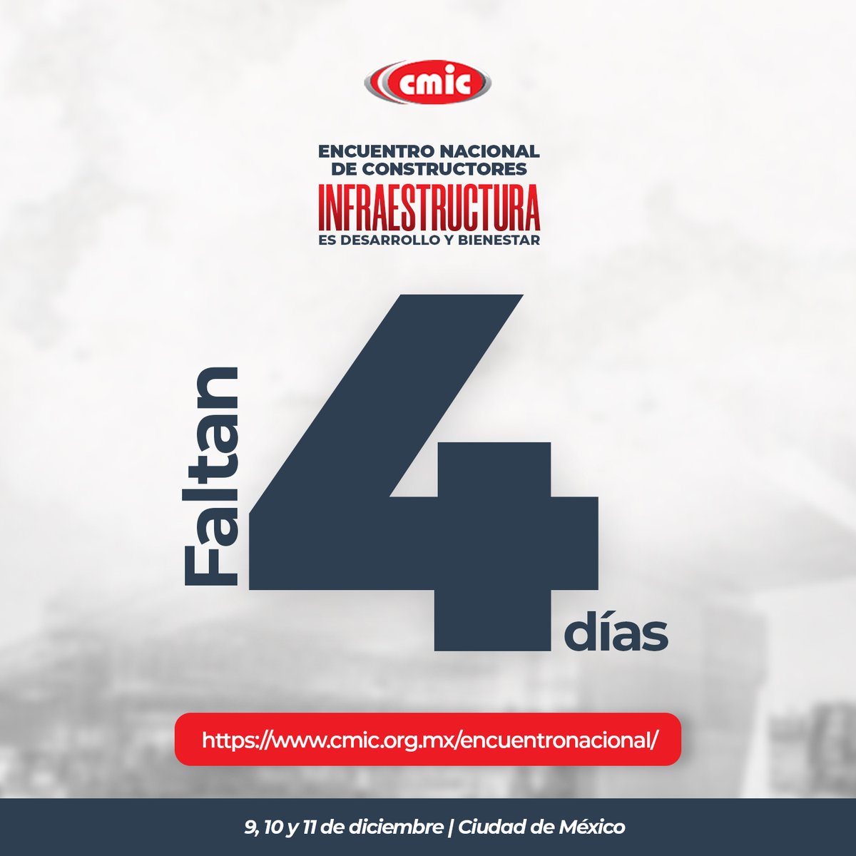 ⚡ A 4 días del gran Encuentro.

Se acercan las conversaciones que generan oportunidades reales para tu empresa y para la construcción en México.

Todavía puedes asegurar tu lugar aquí:
cmic.org.mx/encuentronacio…

#EncuentroConstructores2025
#InfraestructuraEsDesarrolloyBienestar