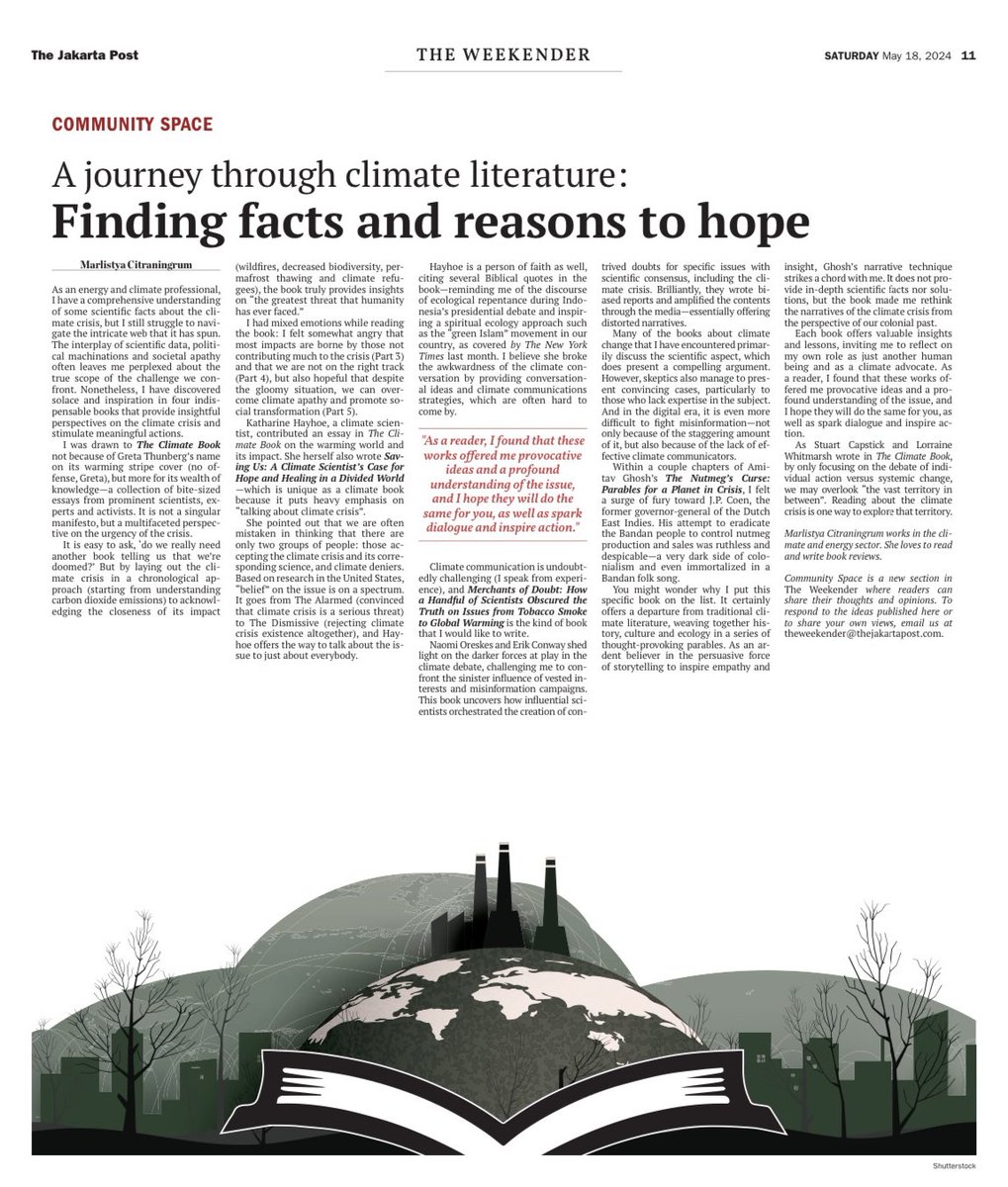 Cemas nggak sih dengan kondisi bumi kita sekarang? Memilih bekerja di isu iklim dan energi sejujurnya bikin aku gelisah (dan guilty!) tiap hari. 

Dan aku memilih tetap punya harapan dan mengusahakan harapan itu :)

*kalo gelisah aku salurkan dengan nulis, bukan sh*tposting 🫠