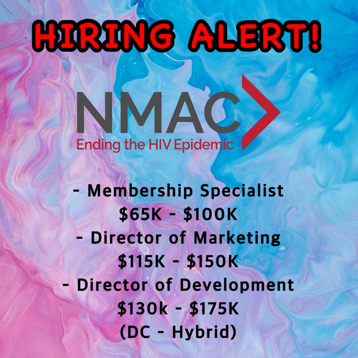 HIRING ALERT: NMAC is hiring for multiple HYBRID positions in Washington DC. If you have any questions reach out to the company directly. Apply: tinyurl.com/NMACCareers nmac.org