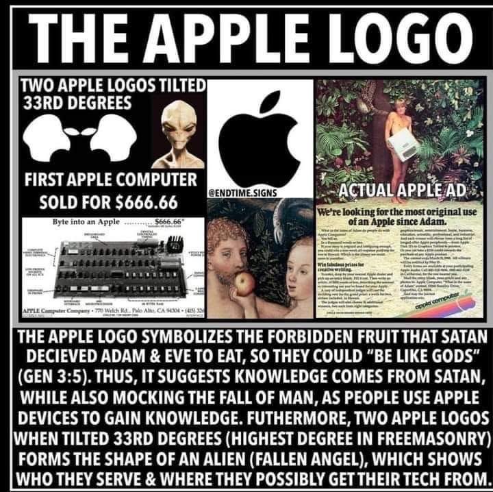 The first Apple computer sold for $666.66. The logo is a bitten apple. The ads echo Eden. None of this is subtle. You don’t need aliens to explain it, just the Bible. The same lie from Genesis 3 is still the one being sold today.