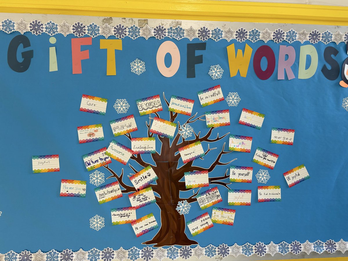 CounselorCalm's tweet image. #MindUP lesson today! We learned how to be mindful through a mindful listening activity and read The Gift of Words by Peter H. Reynolds. Students then mindfully shared their own positive words and added them to our school tree. 🌳💛 @PS94DavidPorter 
#MindfulMoments #PositiveWord