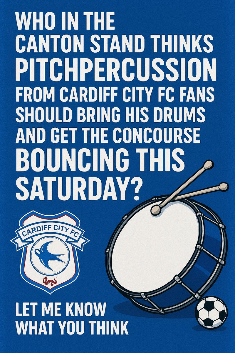 Who in the Canton Stand thinks Pitch from the Cardiff City FC fans (FB) should bring his drums and get the concourse bouncing this Saturday? 🥁💙

Be class to hear some noise and get everyone fired up before we head to our seats! 

Let us know what you think! #CityAsOne #Cardiff