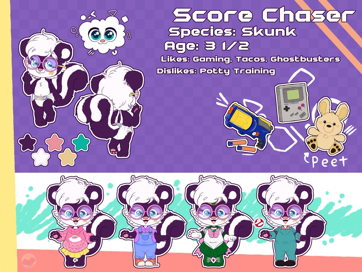 Reference sheet commissioned by Tokenheartbear on Bsky for their partner , Skinkcrinkle on Bsky :)

Art has been super slow, but happy to still have some time to create 💜💜