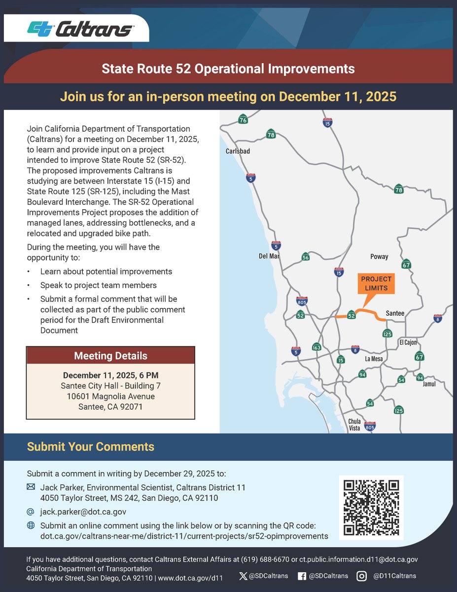 Next Thursday, Dec. 11 at 6:00 PM <a href="/SDCaltrans/">Caltrans District 11</a> will be hosting an in-person meeting at Santee City Hall, in Building 7, to discuss proposed improvements to State Route 52.

For more information, please visit: bit.ly/4pKwGN7