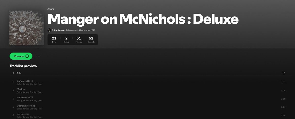 ALBUM: MANGER ON MCNICHOLS (DELUXE)

RAPS: BOLDY JAMES

BEATS: STERLING TOLES

DATE: 12/25/25
