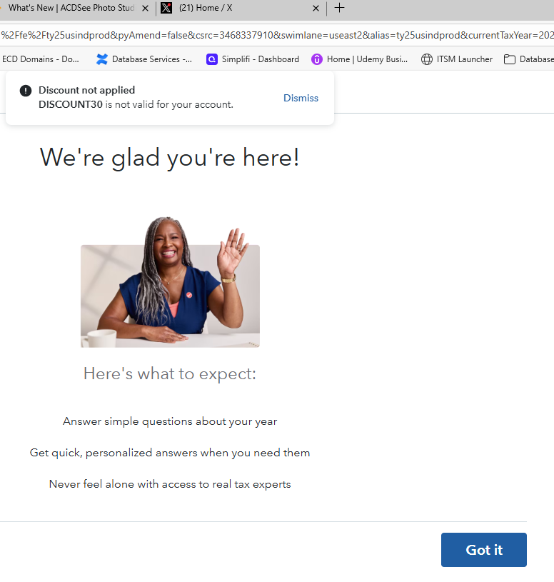 database_ninja's tweet photo. @turbotax - You know what a good way is to really tick off a customer... send them a coupon and then when I chick on the link I get a "DISCOUNT30 is not valid for your account". https://t.co/W3jl6n8RWJ