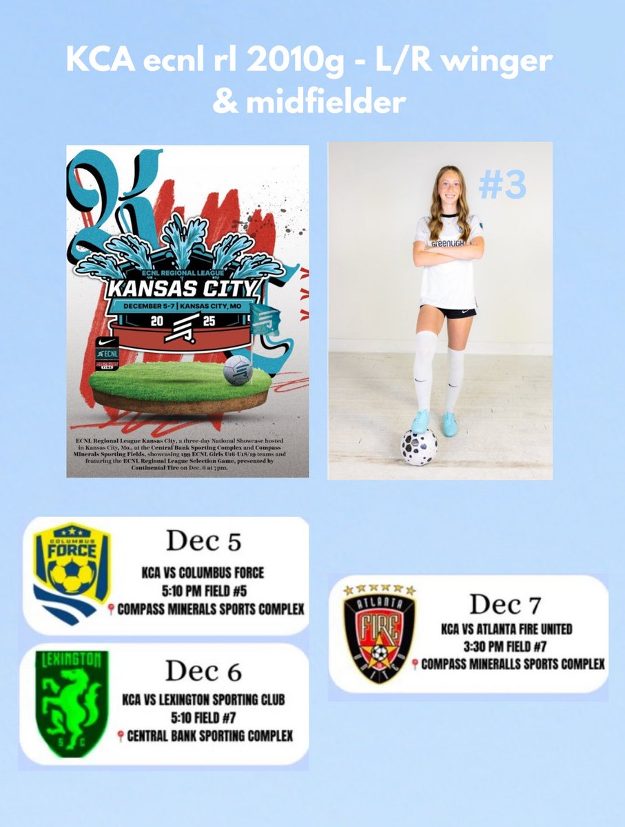 Final schedule for <a href="/ECNLgirls/">ECNL Girls</a> regional Kansas City showcase this weekend! Excited to play up in the 2009 bracket with my team!
<a href="/ImYouthSoccer/">ECNL/GA/Recruiting/College Soccer</a> <a href="/TheSoccerWire/">SoccerWire</a> <a href="/AthleticsKC/">KC Athletics Soccer Club</a>