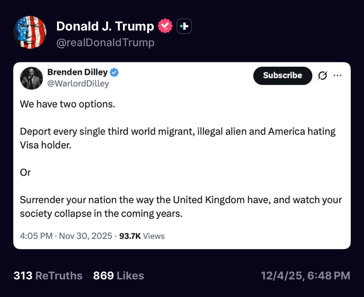 🚨 WOW! President Trump is now warning that we must DEPORT EVERY SINGLE third worlder, illegal, and America hating visa holder

Or we’ll be SURRENDERING our country and ensuring our collapse.

47 knows the mission. But we HAVE to follow through

USE THE MILITARY for deportations!