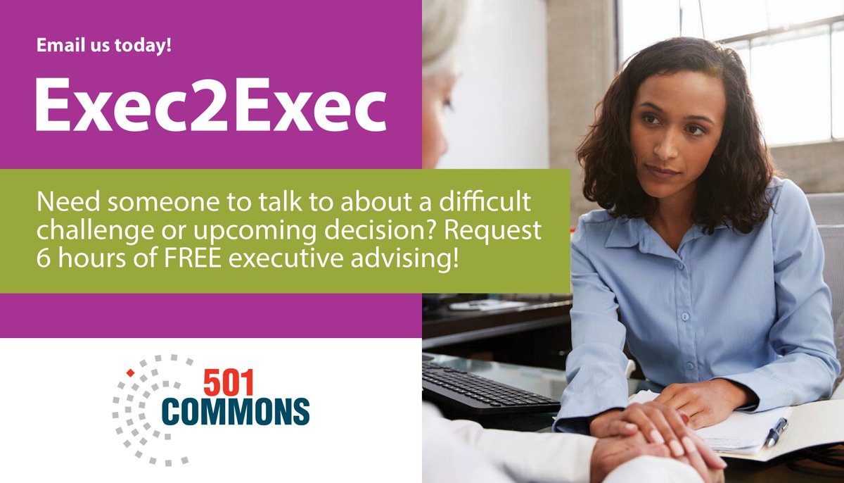 Do you have major decisions approaching in 2026 and could use a confidential sounding board?

Connect with Exec2Exec, a FREE executive advising program where you can speak with an experienced nonprofit leader for up to 6 hours.

Contact Margy Bresslour at margyb@501commons.org.