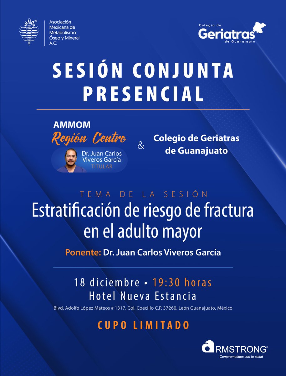 ammommx's tweet photo. El Dr. J. Carlos Viveros García, titular de la Región Centro de #ammom, hace la invitación para asistir a la sesión conjunta con el Colegio de #geriatras de Guanajuato, en colaboración con #Armstrong: Estratificación de riesgo de fractura en el #AdultoMayor https://t.co/eAWsd40lE6