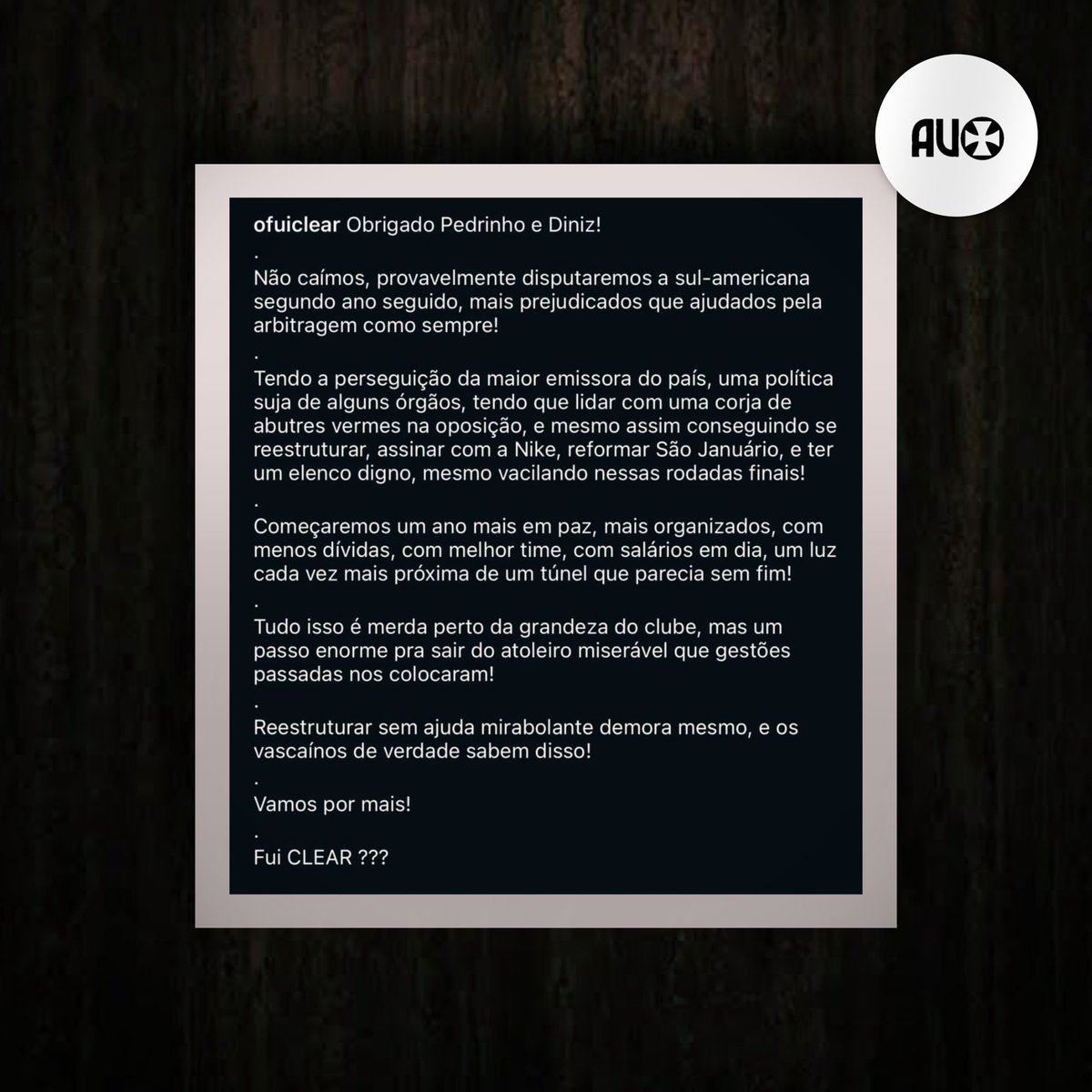 AnalisaCRVG's tweet image. O post do @FuiClear é a embalagem perfeita da auto ajuda barata que a gestão Pedrinho tenta empurrar no torcedor do Vasco. Esse papo de agradecer por “não cair” e por “talvez disputar a Sul-Americana” é trocar a história gigante do clube por um atestado de mediocridade. Respeito…
