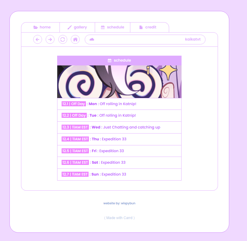 ✨ I REDID MY WEBSITE! ✨
I wanted to make my schedule more accessible to non Discord members! So I will also be updating it here as well!! 

I will also be doing random little ✨ LORE ✨drops up until debut on the website👀
So make sure to check in from time to time hehe~

🔗🔽