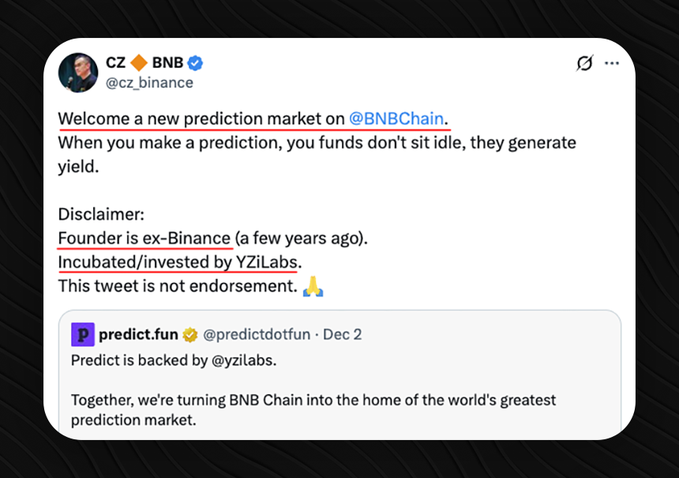 Đăng kí waitlist sàn premarket mới mạng BNB do trùm <a href="/cz_binance/">CZ 🔶 BNB</a> backer nào ae
Cz sau khi đi tù về thì thik làm trò lắm, từ con hàng four meme, tới sàn per aster,  và giờ là predict market
Đăng kí nhanh để còn bú nha ae
Link: predict.fun/welcome