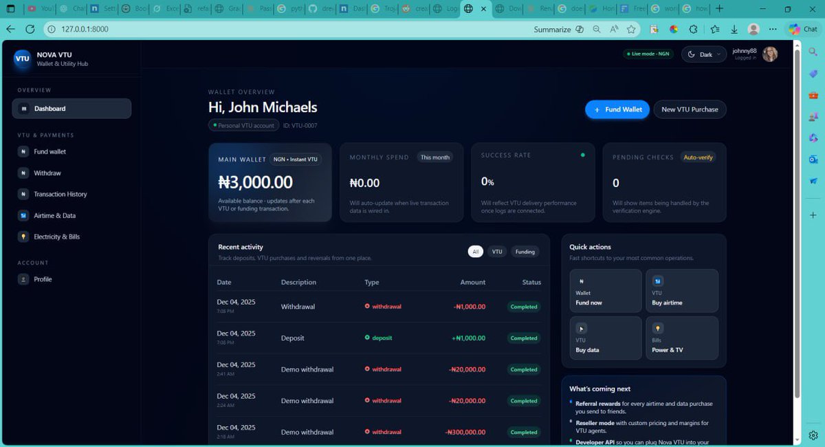 Drewfx01's tweet image. Day 21 of building with Django. 

Today I had to sort out a few IRL issues. So I didn’t build much. 

I made a few UI changes to make it more sleek and modern. 

I added filter on the transaction history table for better user experience.
