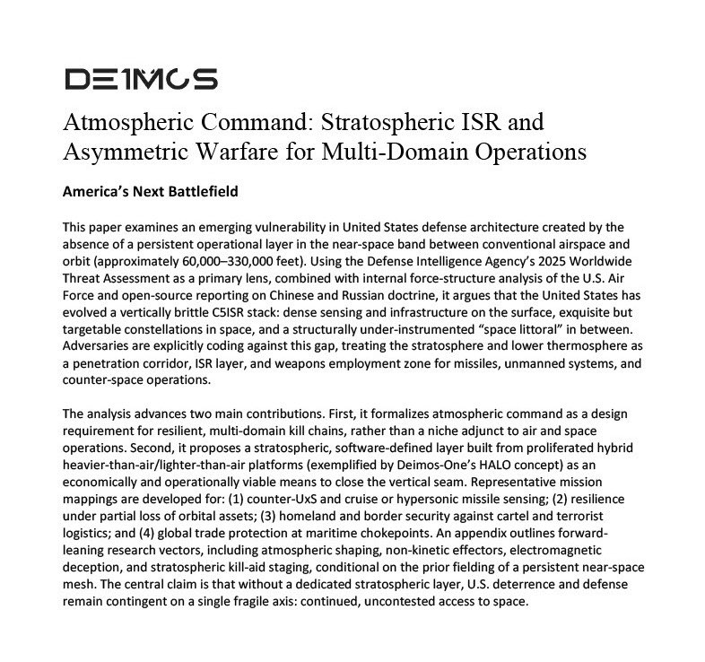 Some of our latest work at Deimos-One: This analysis extends our earlier work with the Air Force and examines the critical gap in U.S. defense architecture across the near-space band between the Armstrong limit and the Kármán line. 

Full paper: d3im0s.one/atmospheric-co…