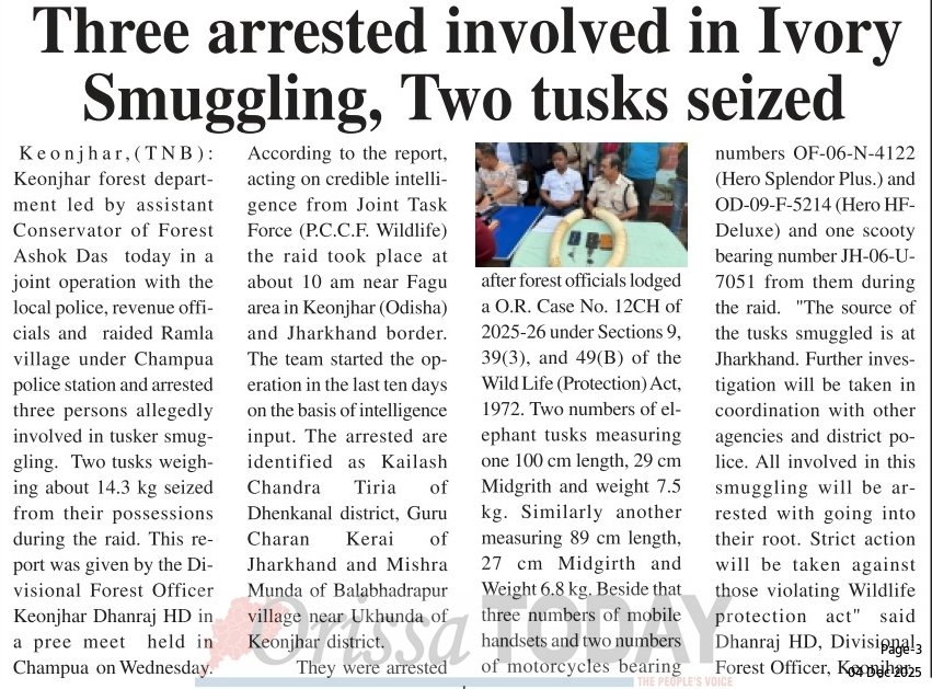 nv_odisha's tweet photo. @DfoKeonjhar @CMO_Odisha @ForestDeptt @PCCFWL_Odisha @pccfodisha @RourkelaRc79045 @GaneshRamBJP @moefcc @wii_india @PMOIndia Kudos to the joint team of Forest, Revenue &amp; Police led by ACF Ashok Das with 3 Range Officers for busting an interstate #elephant tusk trade in Fagu, Champua. A strong step towards #wildlife #protection &amp; #justice. 🌿🐘 #WildlifeProtection #Odisha  
@ForestDeptt @biswajitmohanty https://t.co/jFqKeKWEEN