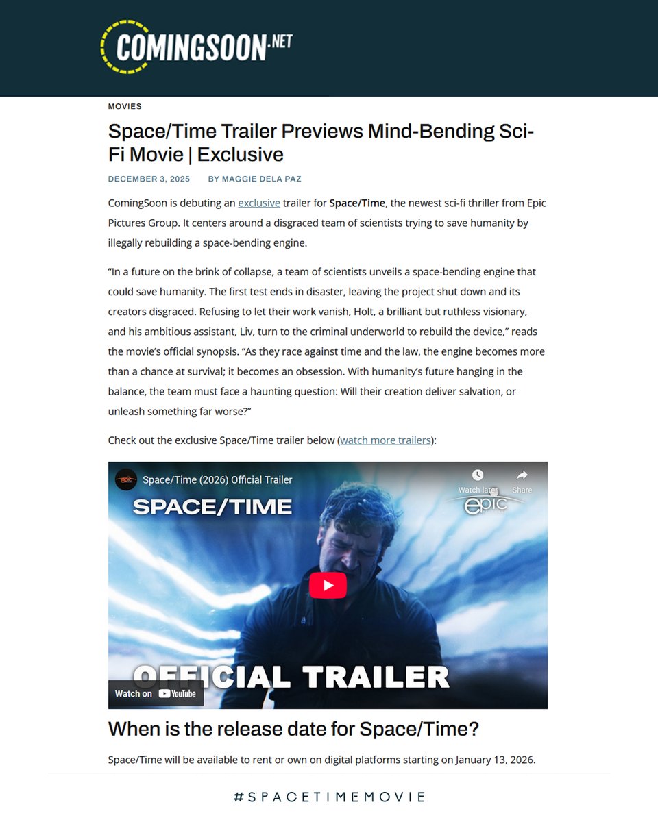 <a href="/spacetimemovie/">Space/Time</a> is coming to the USA on January 13, 2026! 🚀
We're excited to be partnering with <a href="/epic_pictures/">Epic Pictures Group</a> for the release.
Huge thanks to <a href="/comingsoonnet/">ComingSoon.net</a> for breaking the story. 

#spacetimemovie #scifi #comingsoon