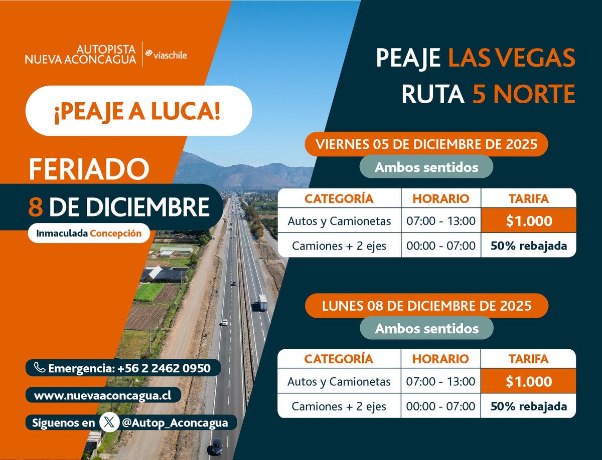 Autop_Aconcagua's tweet image. PEAJE A LUCA 🤩Este viernes 05 de diciembre, desde las 07:00 h hasta las 13:00 h en el Peaje Las Vegas, para vehículos livianos, en ambas direcciones. #VíasChile 👍🚙 ¡Planifica tu viaje! Conduce con precaución. Más información: nuevaaconcagua.cl