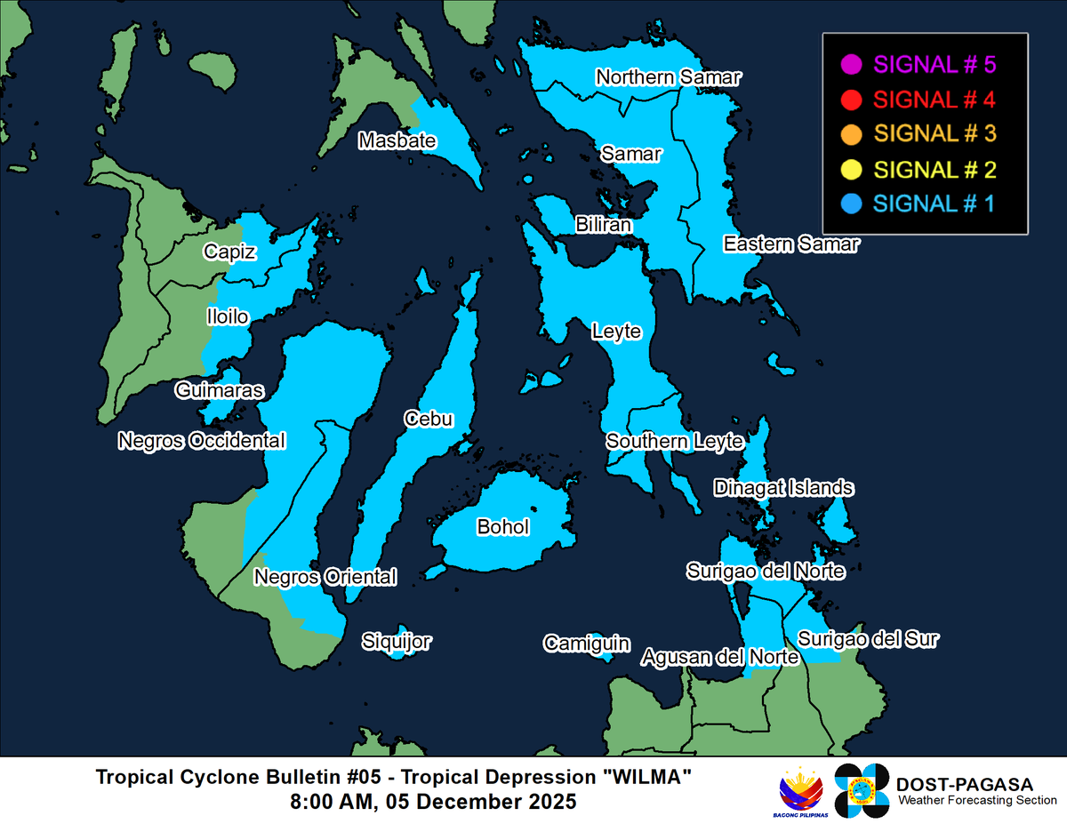 dost_pagasa's tweet photo. TROPICAL CYCLONE BULLETIN NR. 5
Tropical Depression #WilmaPH
Issued at 8:00 AM, 05 December 2025
Valid for broadcast until the next bulletin at 11:00 AM today.

WILMA MAINTAINS ITS STRENGTH WHILE MOVING SOUTHWESTWARD

DOST-PAGASA
https://t.co/Td9mIfPnQ6 https://t.co/gEbIeMSrtF