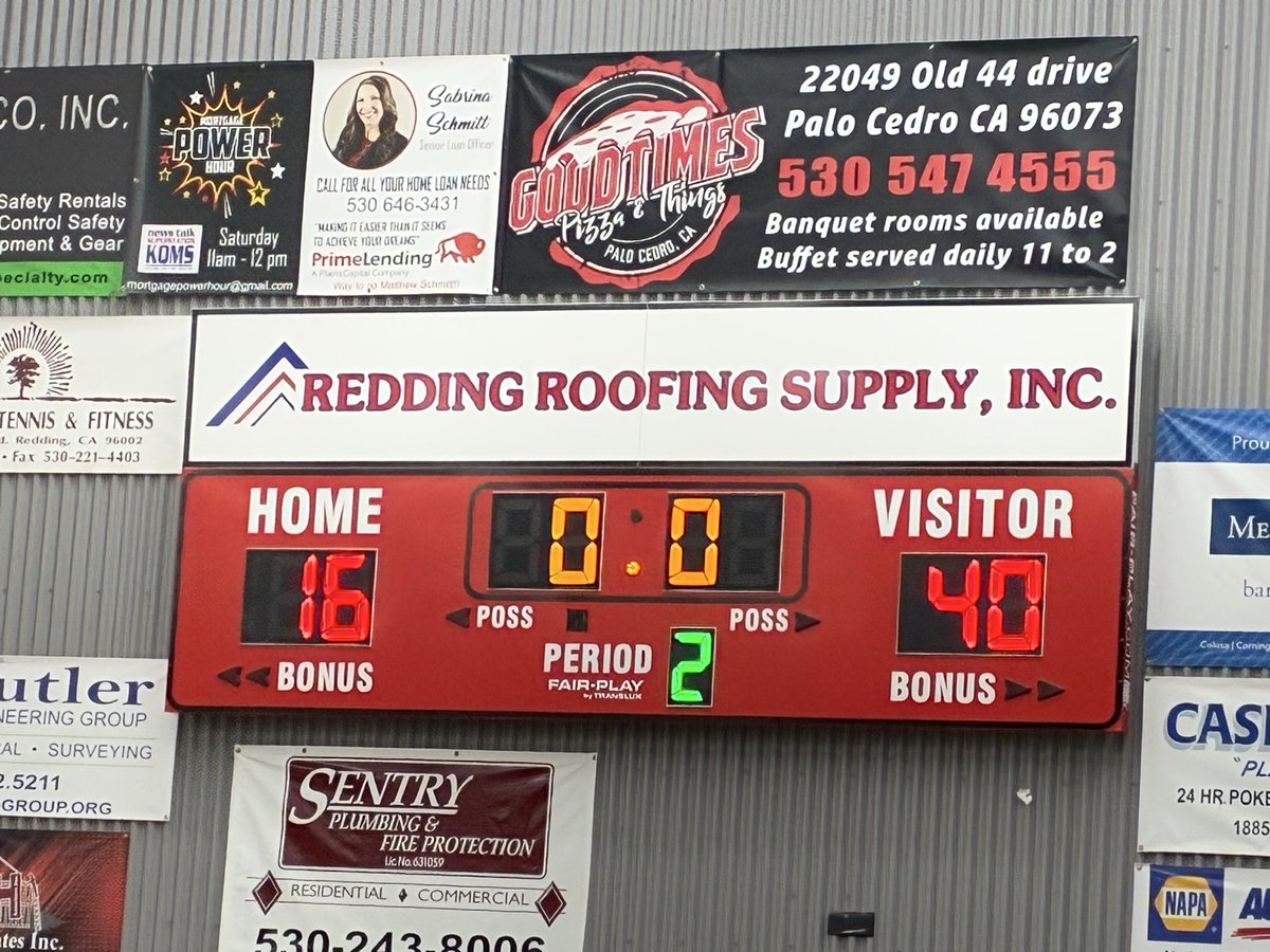 Placer leads Shasta at the half. Most of the scoring has been the 3 ball, 5 by Emmett Rose of Placer and 3 by Shasta’s Keegan Snel I believe