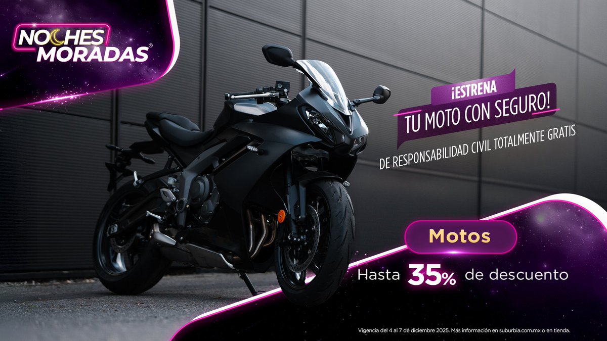 Llegó el momento de salir a la aventura… 🔥🏍️ estrena moto con ¡Hasta 35% y con seguro! en las Noches Moradas.