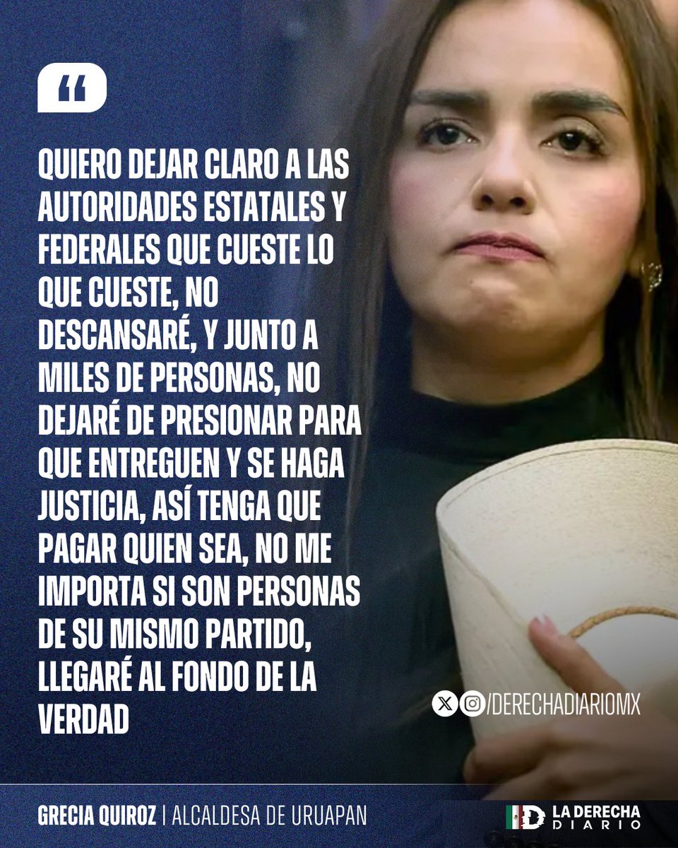 DerechaDiarioMX's tweet image. 🇲🇽 | INSPIRADOR: La alcaldesa de Uruapan, Grecia Quiroz, aseguró que no se rendirá en la búsqueda de justicia por la muerte del valiente Carlos Manoz y adelantó que seguirá con su legado con el apoyo de la gente.
