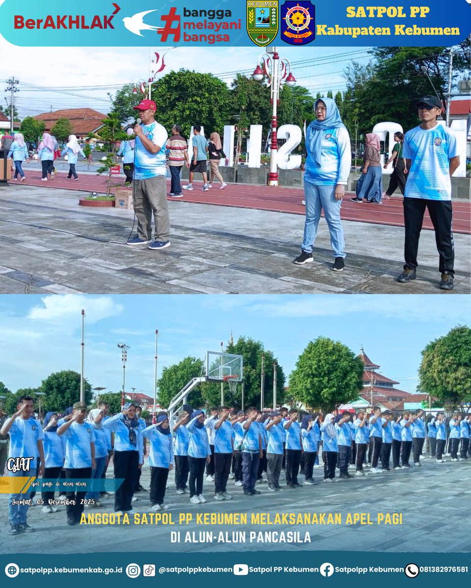 Anggota Satpol PP Kebumen melaksanakan apel pagi di Alun-Alun Pancasila. Jumat (05/12/2025).