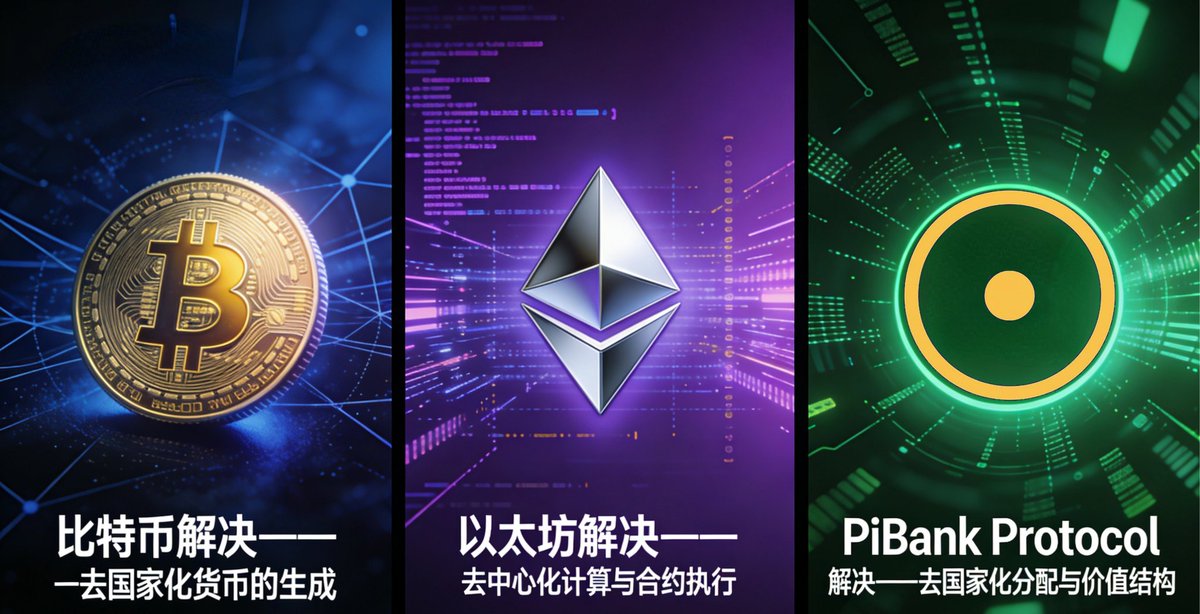 🟢＃Bitcoin 解决去国家化货币的生成；＃Ethereum 解决去中心化计算与合约执行；＃PiBankProtocol 解决去国家化分配与价值结构！＃PiX