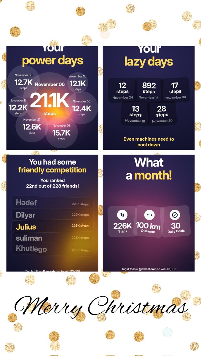 JWadenya's tweet photo. NovemberSteps
#Sweatcoin #MonthlyRecap #SuperDraw #iPhone17 #WalkAndWin https://t.co/RoeBF8ffjC