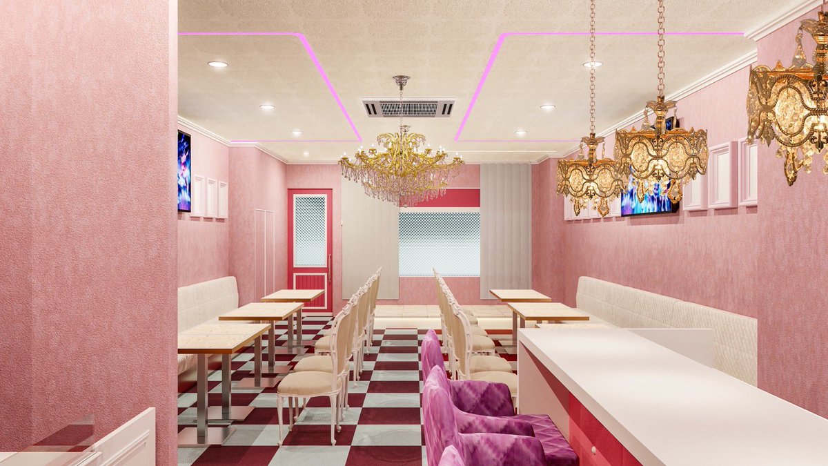 こちらの完成イメージ図は、厨房側から入り口を見た構図です。入り口横のステージでは基本的に音楽ライブは行いませんが、店内イベントや不定期のゲストによる特別お給仕、トークイベントなどで活用予定です。お楽しみに💕  #静岡メイドカフェ 12/6プレオープン！12/7オープン🪄︎︎◝✩ #エリスパ