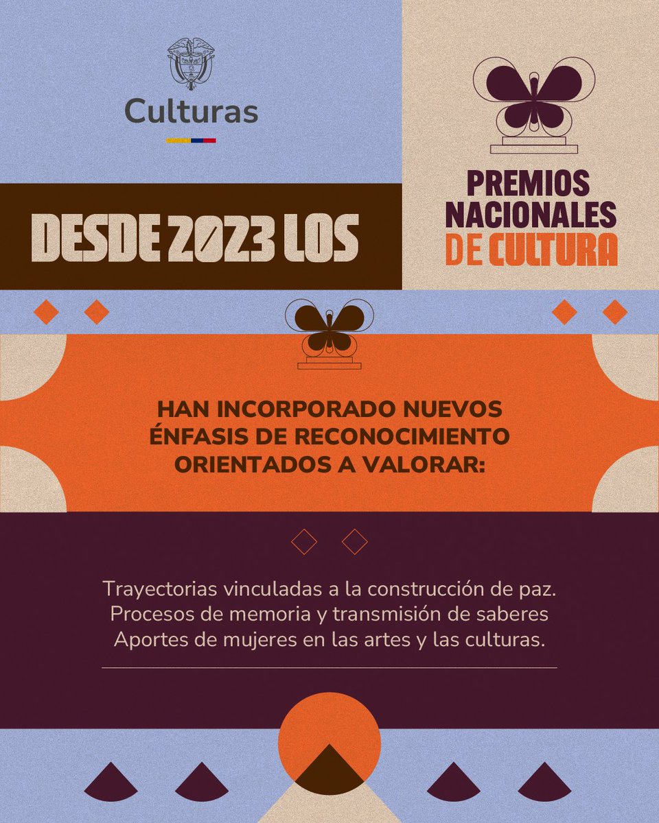 Los #PremiosNacionalesDeCultura se actualizan para reconocer lo que hoy es esencial en la vida cultural del país.

Desde 2023, se abren nuevas categorías para reconocer a quienes preservan la memoria, promueven la paz y lideran procesos culturales desde diferentes lugares del