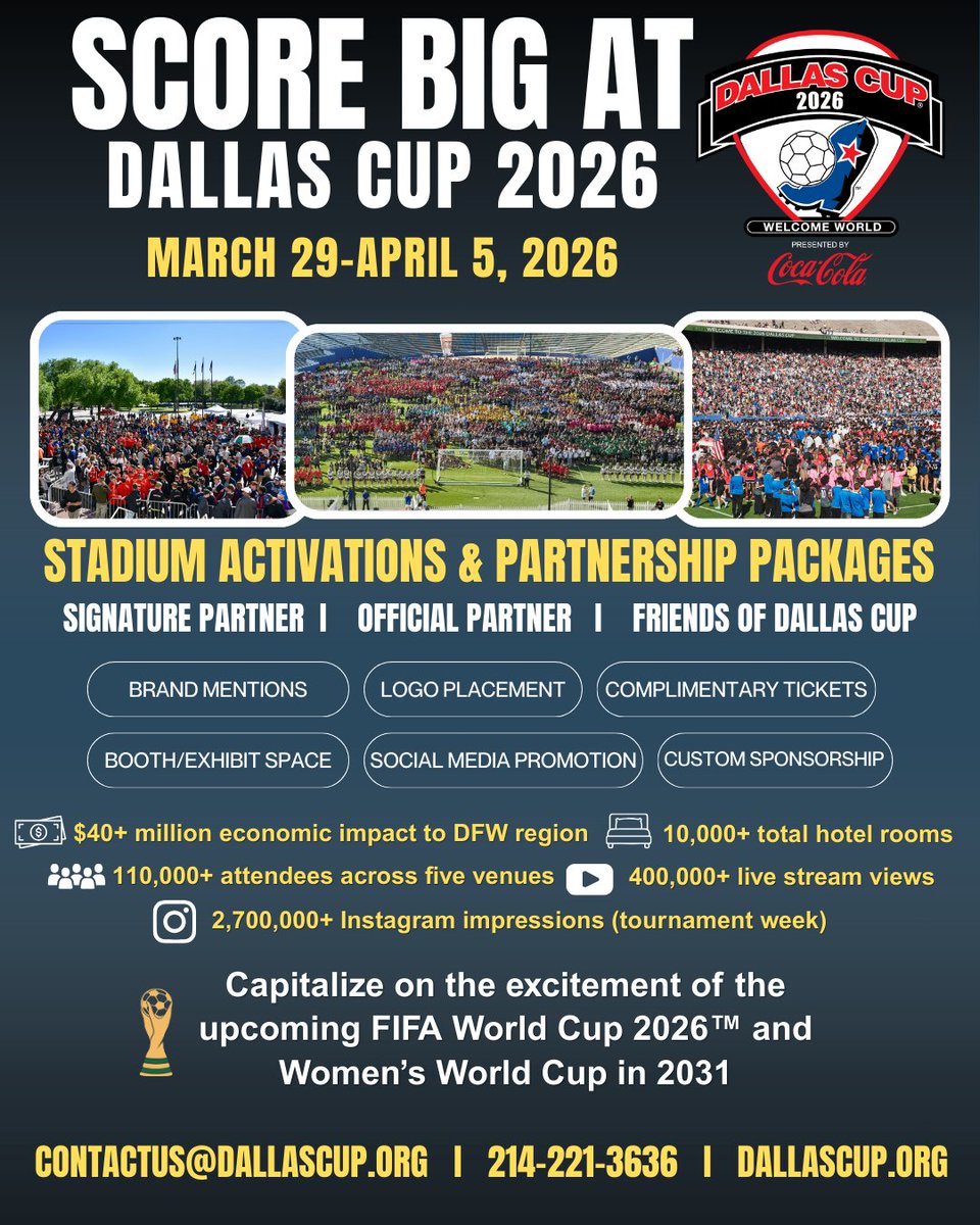 dallascup's tweet image. Score Big with Your Brand at the Dallas Cup!

Are you looking to activate your brand on a global stage right here in Texas? The Dallas Cup is just around the corner, and we are opening up exclusive spots for corporate partners and on-site activations.

ContactUs@dallascup.org