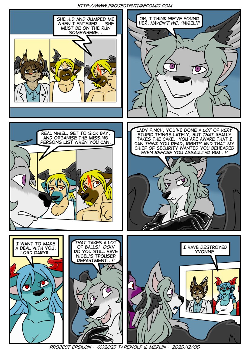 Dunno if there's any point posting these here anymore, but...
Lady Finch manages to stop Daryil in his tracks, in The Epsilon Project.
#furry #comics #furryart #ProjectFuture

Previous pages of Epsilon are here: projectfuturecomic.com/epsilon.php?st…