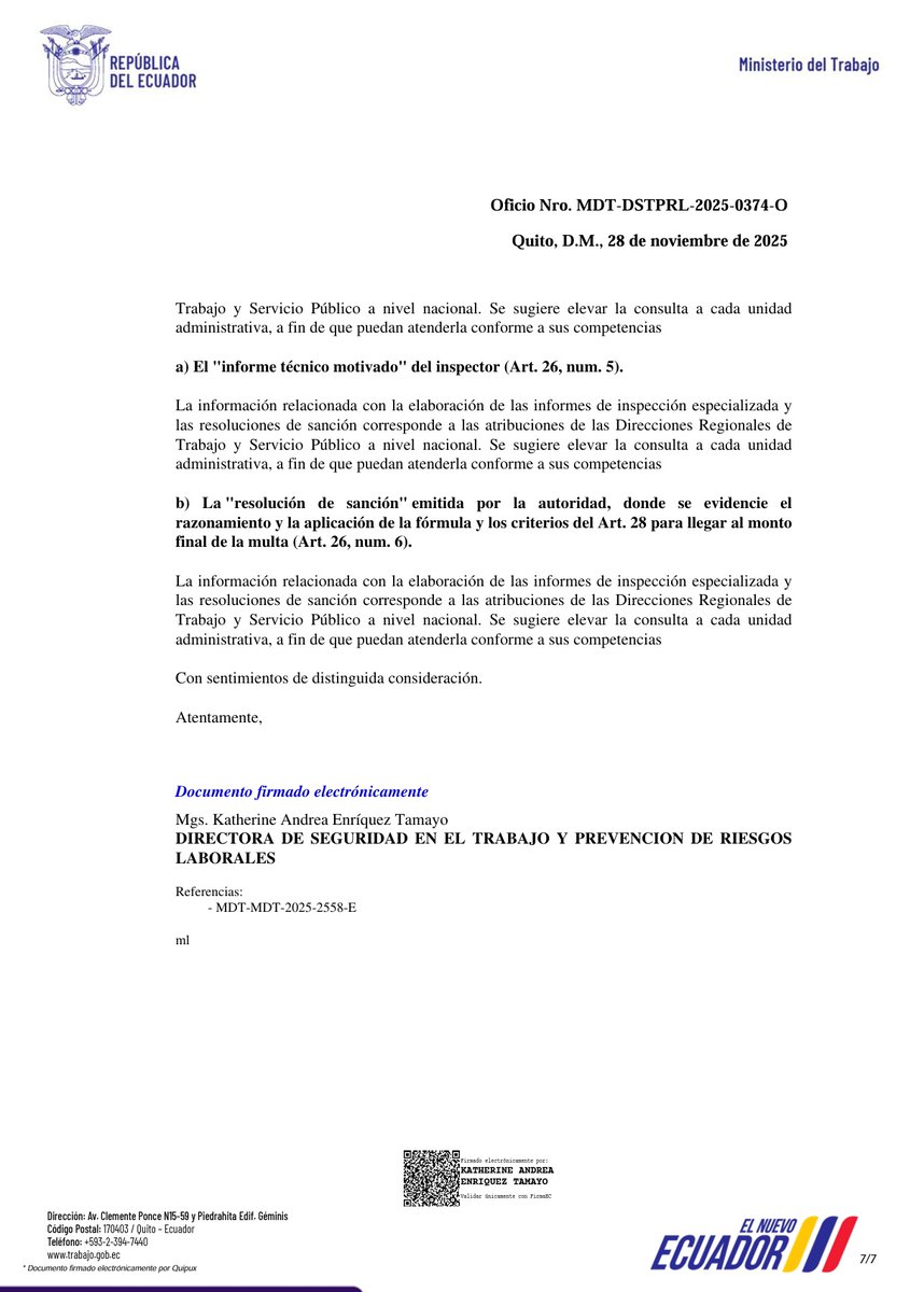 EcuadorSst's tweet photo. Señor Ministro @haburbano, RECHAZAMOS enérgicamente el Oficio Nro. MDT-DSTPRL-2025-0374-O. La respuesta entregada por el @MinTrabajoEc sobre la gestión en Seguridad y Salud en el Trabajo es incompleta y carece de sustento legal. Ocultar la planificación de control bajo excusas subjetivas vulnera la #LOTAIP. 🧵👇
(Sobre la "Reserva" inexistente):
Negar la "Planificación de Inspecciones" alegando riesgo de corrupción o protección de datos sin una Resolución de Clasificación de Reserva previa (Art. 17 LOTAIP) es ilegal. El principio de Máxima Publicidad exige actos administrativos formales, no interpretaciones de una Dirección. La fiscalización es pública. 🚫📄
(Sobre la derivación de competencias):
Es inaceptable que la Dirección de SST nos derive a las Direcciones Regionales para obtener estadísticas de sanciones y recaudación. Ustedes administran el sistema SUT centralizado. Fragmentar la información que la institución ya posee vulnera los principios de Celeridad y Accesibilidad (Art. 5 LOTAIP).
 (Consecuencias Legales):
Esta respuesta constituye una DENEGACIÓN TÁCITA de información. Advertimos que la falta de entrega activa la "Gestión Oficiosa" ante la @DEFENSORIAEC (Art. 40 LOTAIP). El incumplimiento expone a sus funcionarios a sanciones administrativas graves (destitución) según la LOSEP y la LOTAIP (Art. 39).
Exigimos la rectificación inmediata y la entrega de la información íntegra. La seguridad y salud de los trabajadores no puede ser un "secreto de estado". La transparencia no es opcional, es la Ley. #TransparenciaYa #SST #Ecuador @ContraloriaECU