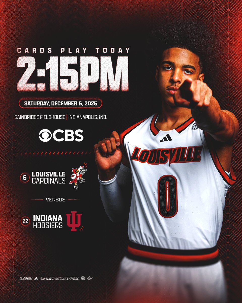 Another opportunity

🆚 No. 22 Indiana
📍 Gainbridge Fieldhouse
🕑 2:15 p.m. ET
📺 CBS
💻 uofl.me/MBB9Watch
📊 uofl.me/MBB9Stats
📻 <a href="/939TheVille/">939TheVille</a>

#GoCards