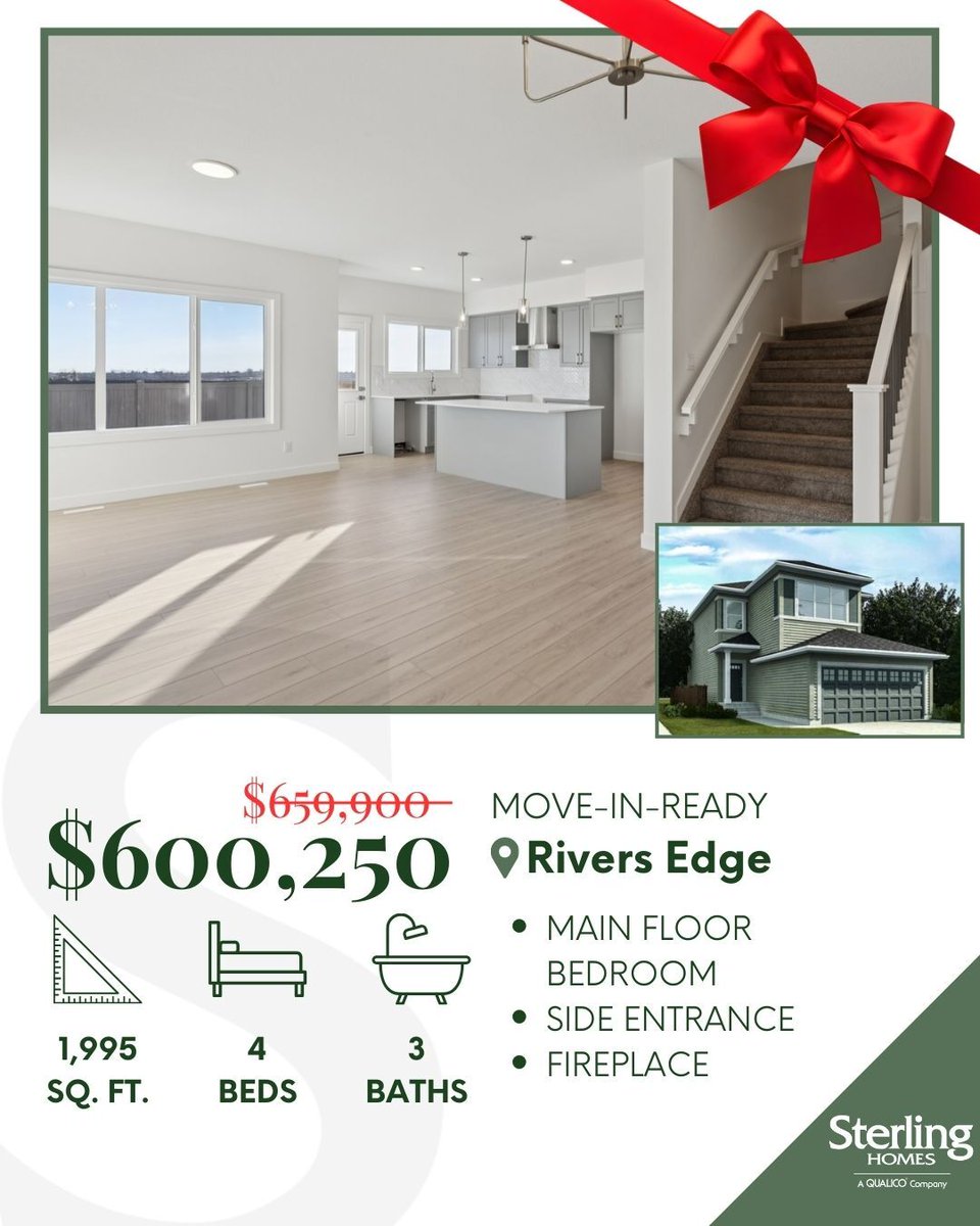 SterlingEdm's tweet photo. Unwrap a new address in Rivers Edge! ☃️❄️🎄 Enjoy newly reduced pricing on move‑in‑ready homes with modern finishes and innovative floor plans—steps from parks, pathways, and conveniences. Limited homes—message for details. https://t.co/TJxJSDOlZp
