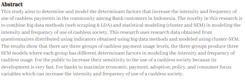 EkonomiJurnal's tweet photo. Modeling Intention and Frequency of Cashless Behavior: Integrating Big Data and Cluster-Structural Equations Modeling on Bank Customers

https://t.co/fH43aJWATr

#Bigdata #cashlesssociety #Clustering #structuralequationmodeling https://t.co/BaFBOtXMzi