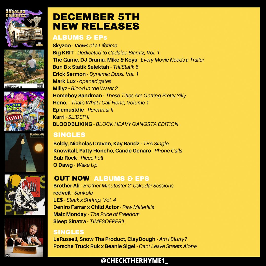 🚨 This week's new releases

Skyzoo
Game, DJ Drama, Mike &amp; Keys
Big KRIT
Bun B x Statik Selektah
Erick Sermon
Brother Ali
Mark Lux
redveil
Millyz
Deniro Farrar x Child Actor
Homeboy Sandman
Epicmustdie
Bub Rock
LE$
Malz Monday
Heno.
Sleep Sinatra
+more