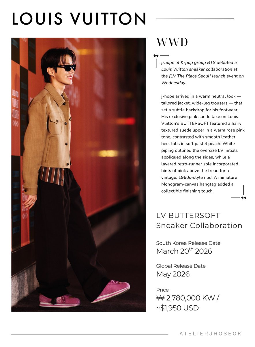 atelierjhoseok's tweet photo. 🚨 BREAKING NEWS 🚨

According to WWD, j-hope debuted his #LouisVuitton LV BUTTERSOFT sneaker collaboration at the Louis Vuitton Visionary Journeys at LV The Place Seoul event this past Wednesday.

J-HOPE X LV BUTTERSOFT
#jhope #jhopexLouisVuitton @LouisVuitton https://t.co/ZpqDL8aKOx