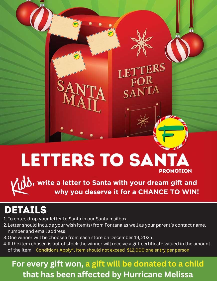 ✨ Letters to Santa is here! 🎅📬

Just drop your letter in our special Santa Mailbox at any Fontana location. One lucky winner will be chosen from each store on December 19, 2025.

The best part? For every gift won, a gift will be donated to a child affected by the Hurricane❤️