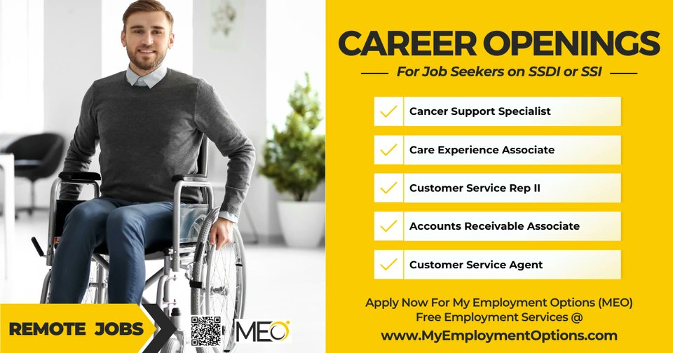 Receiving SSDI or SSI? Check out this week’s newest remote employment opportunities! ⁠ 

-Cancer Support Specialist 
-Care Experience Associate 
-Customer Service Rep II 
-Accounts Receivable Associate 
-Customer Service Agent ⁠ 

Apply today at myemploymentoptions.com/application/!