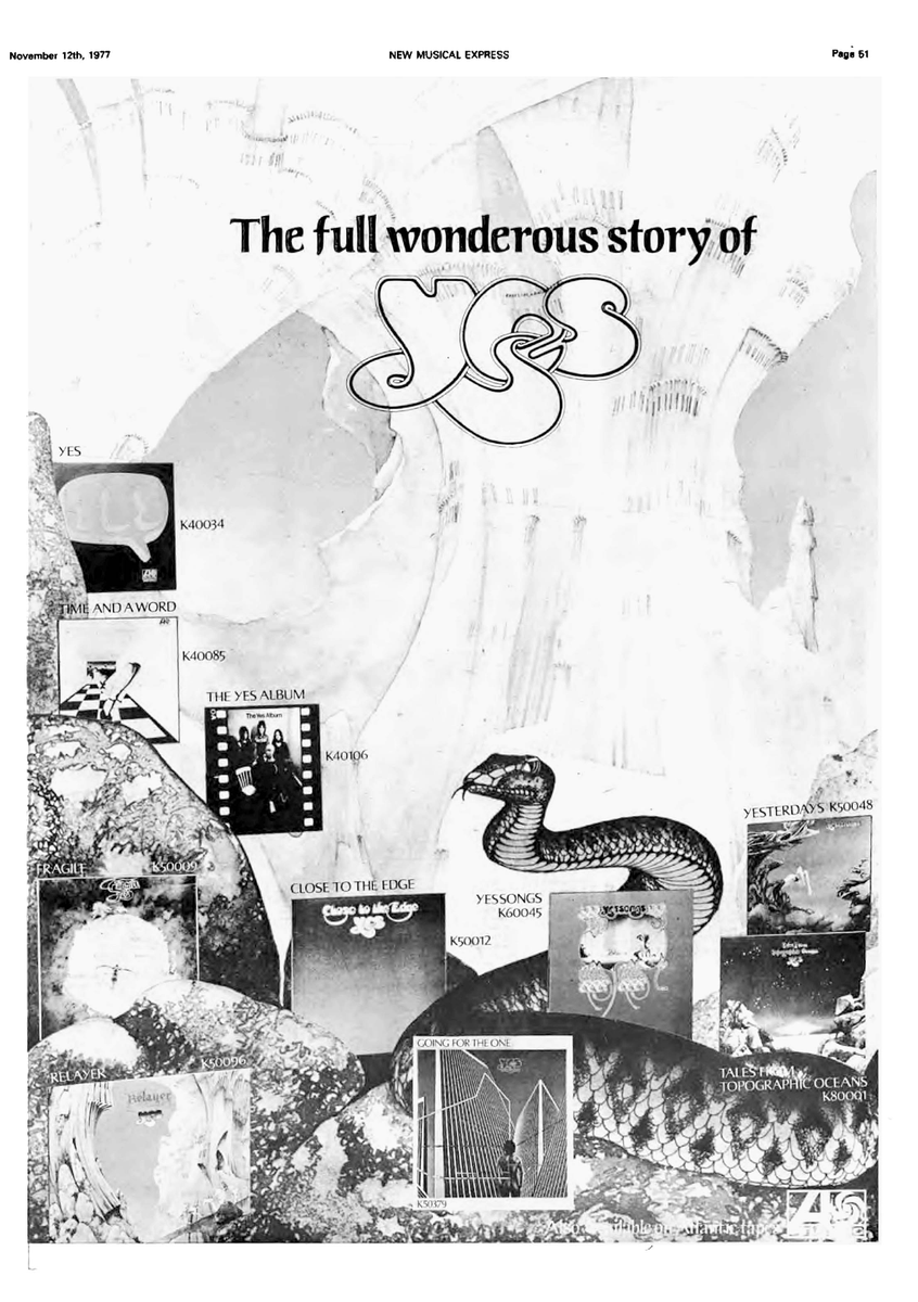 Advert showcasing YES's album discography as of the November 12, 1977 edition of NME.