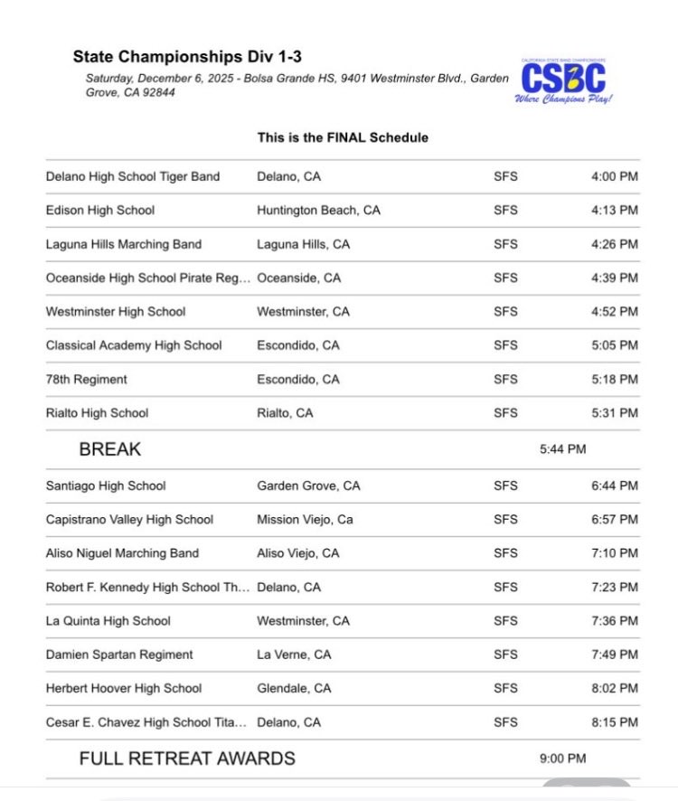 Titan Band and Color Guard will be competing in the CA State Band Championships in Garden Grove on Saturday, Dec. 6. The Titans qualified by winning the CSBC State Nor-Cal Division 2A Championships this past weekend. This is their 4th consecutive year of winning the title. 🏆