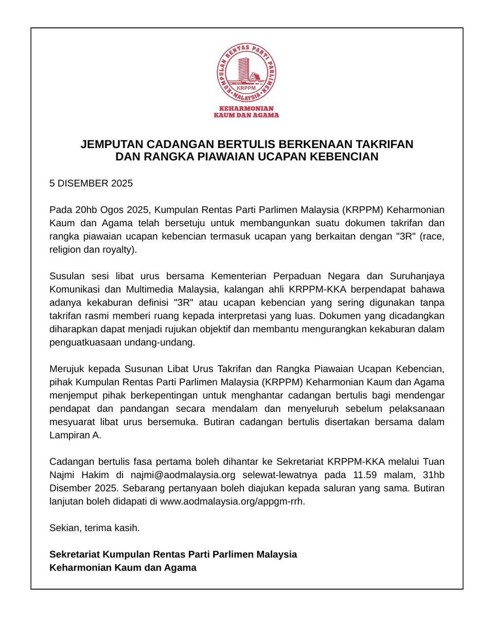 Kumpulan Parlimen Buka Ruang Pandangan Awam Dalam Pembentukan Piawaian Ucapan Kebencian

KRPPM Keharmonian Kaum dan Agama hari ini mengumumkan pelancaran proses libat urus awal takrifan dan rangka piawaian ucapan 3R. Butiran lanjutan boleh didapati di aodmalaysia.org/appgm-rrh.