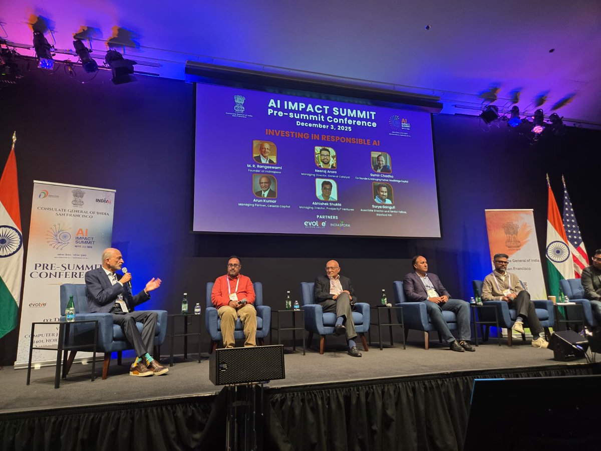CGISFO's tweet photo. Moderated by M. R. Rangaswami, Founder of Indiaspora, the panel on “Investing in Responsible AI: Catalyzing Innovation, Inclusion, and Global Collaboration” featured a dynamic exchange of ideas from leading voices across the industry. Panelists included Neeraj Arora, Managing Director at General Catalyst; Sumir Chadha, Co-founder and Managing Partner at WestBridge Capital; Surya Ganguli, Senior Fellow at Stanford’s Institute for Human-Centered AI; Arun Kumar, Managing Partner at Celesta Capital; and Abhishek Shukla, Managing Director at Prosperity7 Ventures.
#AIforGood #PeoplePlanetProgress #ResponsibleAI #GlobalCollaboration #DigitalIndia #IndiaAI

@MEAIndia
@IndianEmbassyUS
@AshwiniVaishnaw
@JitinPrasada
@SecretaryMEITY
@GoI_MeitY
@_DigitalIndia
@mygovindia
@PIB_India 
@mrsandhill
@neerajarora
@ChadhaSumir
@SuryaGanguli
@arunmku
@IndiasporaForum
@generalcatalyst
@WestBridge_Cap
@StanfordHAI
@CelestaCapital
@p7ventures

4/n