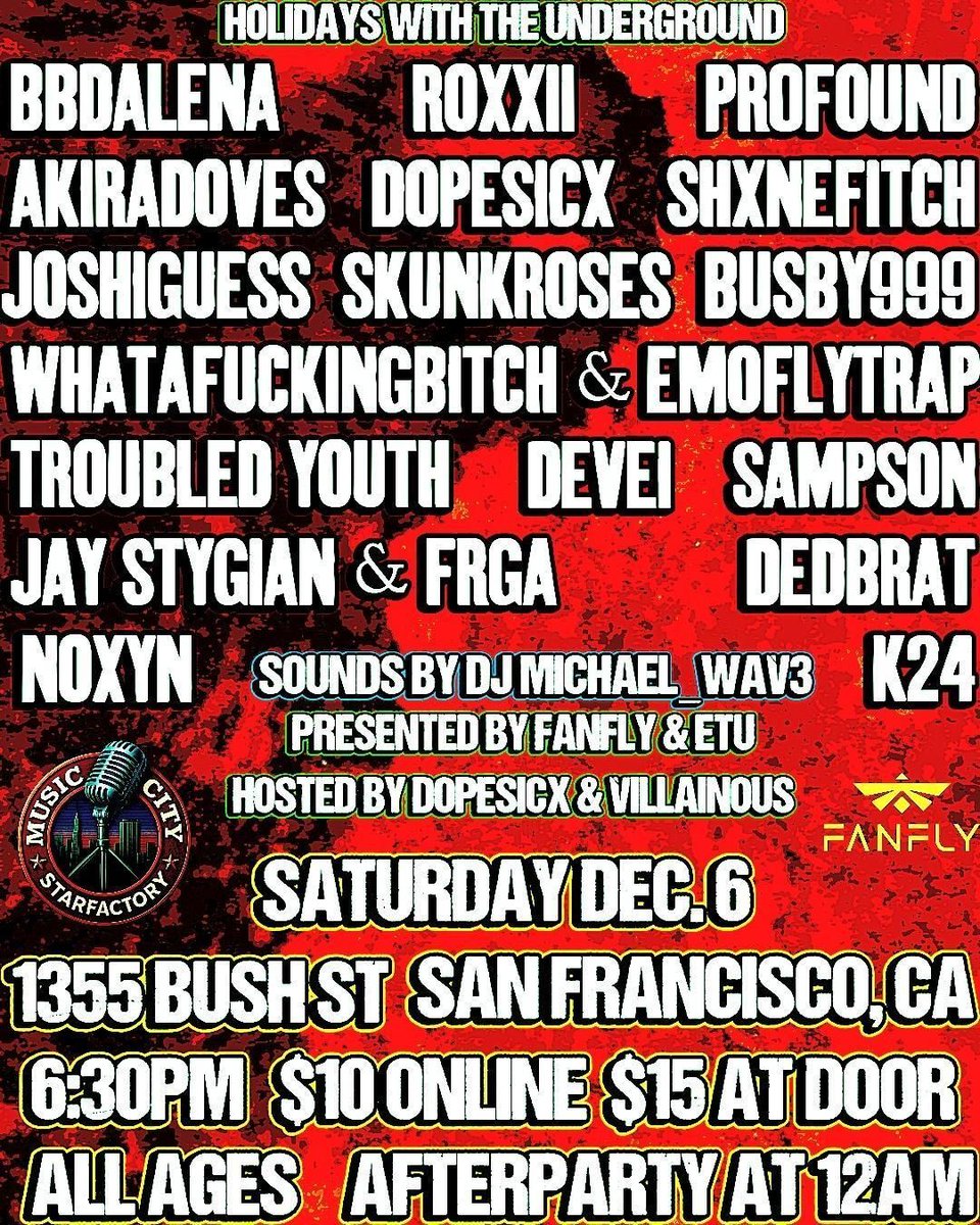 MusicCitySF's tweet image. Music City Starfactory is teaming up with Fanfly to bring you an exciting lineup of music this Saturday, Dec. 6! Get your tickets at fanfly.live/ticket-claim?s…  #livemusic #sanfrancisco #starfactory #bayarea #thingstodoinsf #bayareamusicians #music #concert #karaoke #1dollarbeer