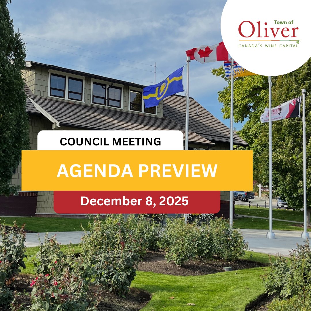 The Agenda for the upcoming Council Meeting is now available on our website.

View the agenda package at oliver.ca/council-meetin… and tune into the Council Meeting next week.
