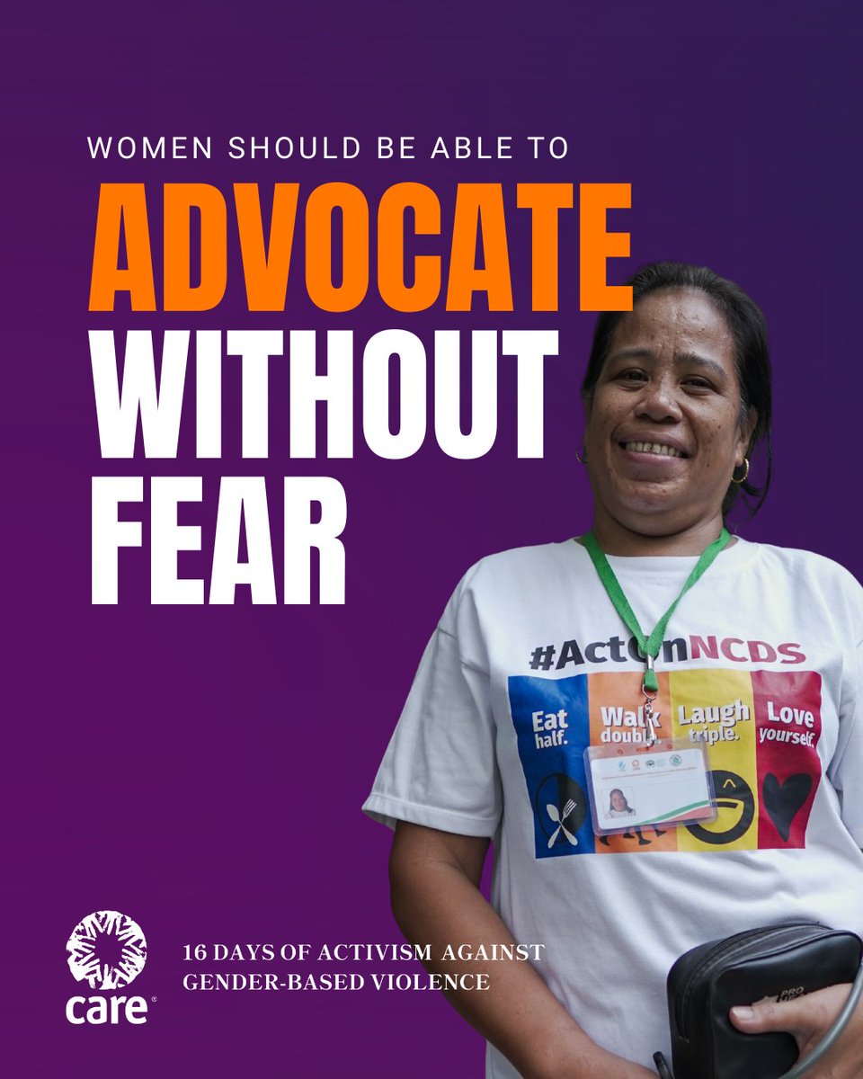 CAREphl's tweet image. Women should be able to ADVOCATE WITHOUT FEAR—to speak up, lead change, and demand justice without threats or violence.

🧡 RT if you believe advocacy is a right, not a risk.
#16Days #WithoutFear #EndVAWG