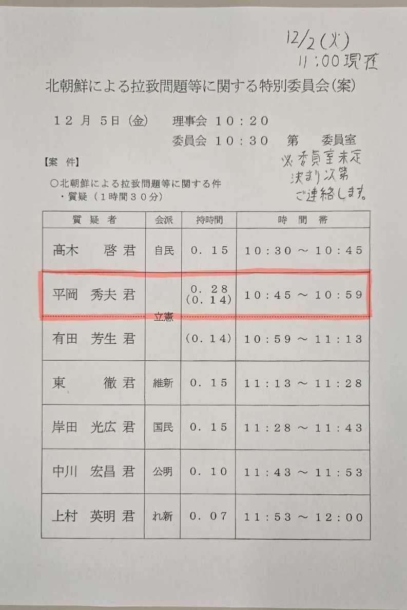 本日12月5日10時45分ごろ、国会の『北朝鮮による拉致問題に関する特別委員会』で平岡秀夫が質疑に立ちます。以下のＵＲＬをクリックすると、質疑をリアルタイムで視聴できます。
shugiintv.go.jp/jp/index.php
#平岡秀夫　#北朝鮮による拉致問題に関する特別委員会　#山口2区